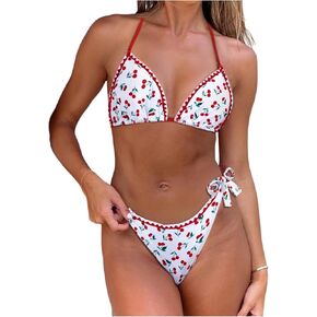 GORGLITTER Women's Lemon Print Bikini Set Triangle Hlter Top Tassel High Cut Thong Swimsuit Bathing Suit