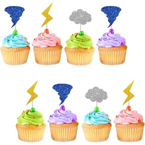 24pcs Tornado Cupcake Toppers, Lightning Cupcake Toppers, Colorful Glitter Weather Cake Decoration for Baby Shower, Tornado Themed Birthday Party Supplies