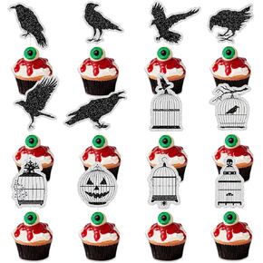 24Pcs Black Glitter Crow Cage Cupcake Toppers - Halloween Raven Bird Cake Picks for Horror Halloween Birthday Party Decorations