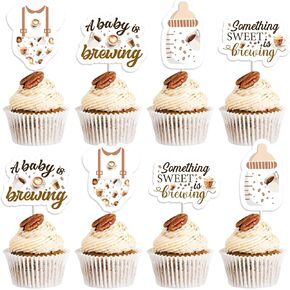 Jollyboom Coffee Baby Shower Decorations A Baby is Brewing Cupcake Toppers 24pcs Something Sweet is Brewing Baby Shower Decorations Double-sided Printing Brown for Baby Shower Boy Girl