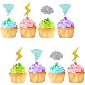 24pcs Tornado Cupcake Toppers و Lightning Cupcake Toppers و Gold Glitter Weather Cake Decoration for Baby Shower و Tornado Weather Birthday Supplies