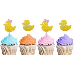 24PCS Duck Gender Reveal Cupcake Toppers, Duck Birthday Party Cupcake Toppers, Rubber Duck Dessert Picks, Baby Shower Party Decoration - Gold Glitter