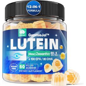 Sugar Free Lutein 20mg & Zeaxanthin Eye Supplement Plus EPA 190mg & DHA 80mg, Eye Vitamins Filled Gummies with Selenium & Zinc, Bilberry, Goji Berry, Saffron & Grape Seed Extract, Vitamin D3, C & E