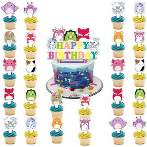 25pcs s-Quishmallow Cake Decorations مع قبعات كب كيك 24pcs ، 1pcs الكعكة الكبيرة لإلغاء إمدادات حفلة عيد ميلاد S-Quishmallow
