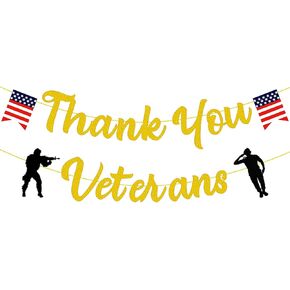 Gold Glitter Thank You Veterans Banner for Veterans Day Party Decorations Happy Veterans Day Banner Land of the Free Because of the Brave American Flag Patriotic Soldier Banner for All Who Served America Patriotic Party Decorations