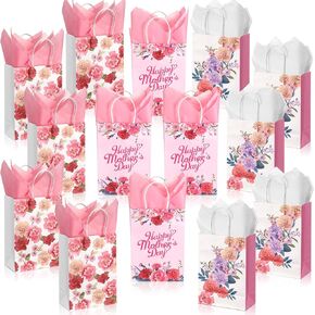 Nuenen 24 PCS أكياس هدايا عيد الأم مع مقابض متوسطة الحاضر مع ورقة الأنسجة الأزهار الأزهار الأكياس الأكياس لأمهات سعيدة ديكورات الحفل