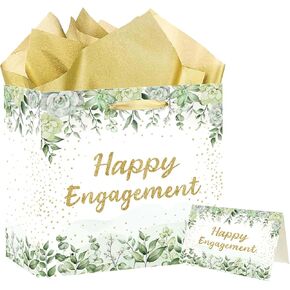 Goldcrow Sage Green Engagement Gift Bag 7 "حقائب هدايا صغيرة مشاركة سعيدة مع ورق الأنسجة وبطاقة مثالية لمرضات حفلات الخطوبة ، أو زفاف الزفاف أو الزفاف زخرفة حفلات المشاركة