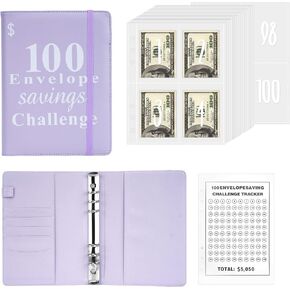 100 Envelopes Money Saving Budget Binder ，A5 Savings Challenge Book with Cash Envelopes (Purple)