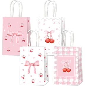 ZOIIWA 12Pcs Pink Bow Party Favor Bag Bows Cherry Treat Bags Coquette Candy Goodie Bag Bow Birthday Paper Gift Bags with Handle Decorations for Baby Shower Bachelorette Engagement Party Decor Supply