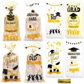 60 PCS Graduation Treat Bags with Ties for Nuts Snack Candy Goodie Cookie Gifts Wrapping Small Plastic Graduation Pouches Congrats Grad Party Decorations Class of 2025 Favors Supplies(4.9x10.6)