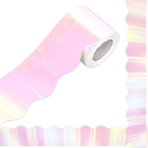 65.6 Ft Pink Holographic Bulletin Board Border Iridescent Laser Scalloped Die Cut Border Trim Sticker Roll for Home Classroom Party Wall Decoration