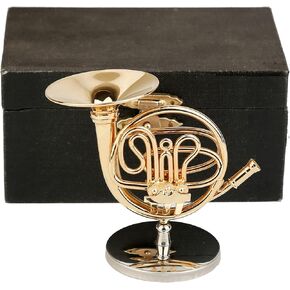 Miniature French Horn with Stand and Case Brass Mini Musical Instrument French Horn Replica Collectible Figurines Dollhouse Accessories Model Home Decoration Display Ornament (3.75"x1.77")