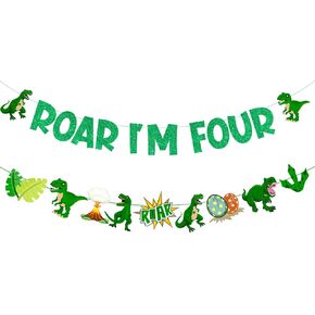Jollyboom Dinosaur لافتة ديكور عيد الميلاد الرابع ، Roar I I 4 Dinosaur Party Decorations Banner Garland for Dinosaur عيد ميلاد زخرفة عمرها 4 سنوات