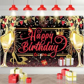 Pink and Black Happy Birthday Banner - Party Decorations Backdrop for Women Girls - Glitter Sign Photo Backdrop Supplies Decor