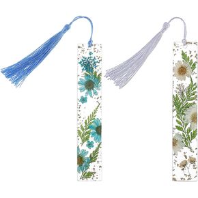 Dried Flower Bookmarks 2 Pieces Daisy & Gypsophila Flower PET Book Marks with Tassels Durable Gold Glitter Handmade Transparent Floral Dried Flowers Page Marker for Women Girls Gift - Blue & White