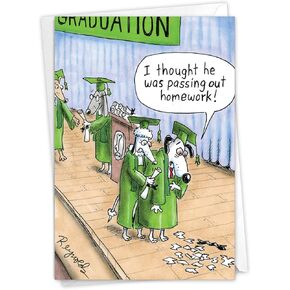 NobleWorks - 1 Funny Happy Graduation Card - Cartoon Humor for Grad, Congrats Graduate Notecard with Envelope - Dog Graduation 3943