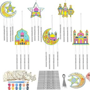 24 Sets Eid Mubarak Wind Chimes Craft for Kids Make Your Own Wooden Wind Chime DIY Coloring Hanging Wind Chime Wood Arts and Crafts for Islam Muslim Party Supplies Home Classroom Activities