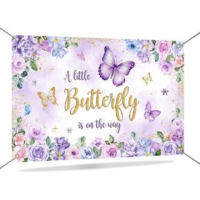 Mocsicka A Little Butterfly is On Her Way Backdrop | Butterfly Baby Shower Decorations for Girls | Purple and Pink Floral Gold Glitter Butterfly Baby Shower Background Banner 70.8"x43.3"