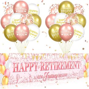 زخارف حزب التقاعد السعيد الذهب الوردي لافتة التقاعد ساحة علامة مع 18pcs البالونات التقاعد حفلة التقاعد كشك للنساء رجال زميل في العمل