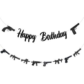 Jollyboom Gun Birthday Party Decorations, Gun Happy Birthday Banner Pistol Shooting Birthday Banner Garland for Military Gun Theme Party Birthday Supplies