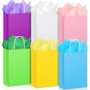 PASIMY 24 PACK حقائب الهدايا مع الأنسجة الورقية حقائب الهدايا مع مقابض ملونة Kraft Party Party Pags Lainbow Paper Goadies Accous For Birthday Baby Shower Form
