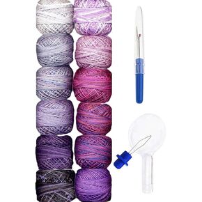 Valdani Embroidery Thread Perle Cotton Size 12 Hand-Double-Dyed Purple Frenzy Collection (PC12-PurpleF) with Seam Ripper and Needle Threader