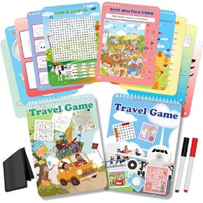 Elfew 2 Pack Reusable Travel Games for Kids Ages 4-8, 1-2 Players Road Trip Games and Airplane Activity Set, Kids Activity Books with 2 Reusable Dry Erase Pens, Family Road Trip Games Essentials