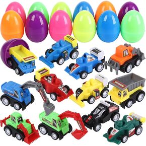 12 Pcs Easter Eggs Prefilled with Pull Back Cars for 3-6 Year Old Boys, Pull Back Construction Vehicle and Race Car for Easter Party Favors, Easter Basket Stuffers, Easter Egg Fillers,Easter Eggs Hunt