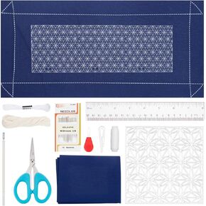 FreeBloss Sashiko Tea Mat Kit Kit Full Sashiko Kit مع مجموعة تطريز Acrylic Sashiko Stencil للمبتدئين مع تعليمات اللغة الإنجليزية أدوات الإبرة للبالغين