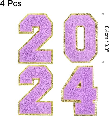uxcell 4pcs Glitters Chenille Number Patches 8.4cm / 3.3" Iron-On Embroidery Numbers for Team Uniforms Sports T-Shirts Hats Bags (Black, Number 2024) in Saudi Arabia