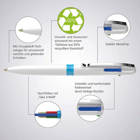 Schneider Take 4 Ballpoint Pen M (Medium), Refillable + Retractable, White Barrel, 4-In-1 Multicolor Inks: Black, Red, Blue, Green, Box of 10 Pens (138049) in Saudi Arabia