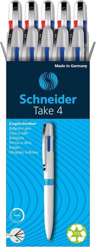 Schneider Take 4 Ballpoint Pen M (Medium), Refillable + Retractable, White Barrel, 4-In-1 Multicolor Inks: Black, Red, Blue, Green, Box of 10 Pens (138049) in Saudi Arabia