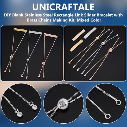 UNICRAFTALE 3 Colors Engravable Bracelets DIY Kit Including Rectangle Engravable Blank Tags Connector Pendants 11.5~12cm Stainless Steel Slider Bracelet for Adults Bracelets Jewelry Making in Saudi Arabia