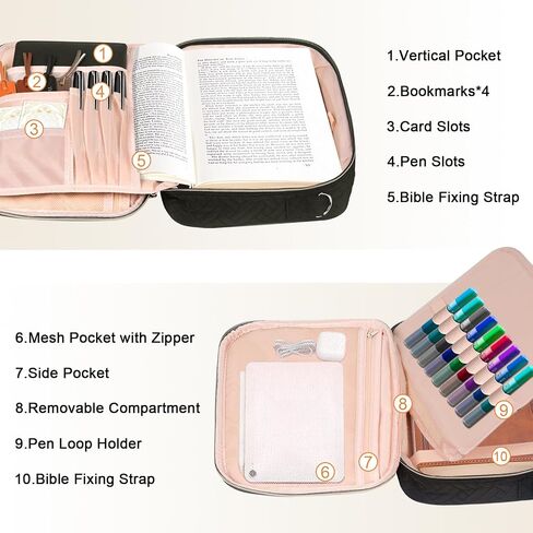 Bible Cover Case for Women with Zipper Pocket, Church Bible Carrying Case for Women with Shoulder Strap Large Bible Cover Case for Women with Detachable Pen Slot Book Carrying Case Men Girls（Pink） in Saudi Arabia