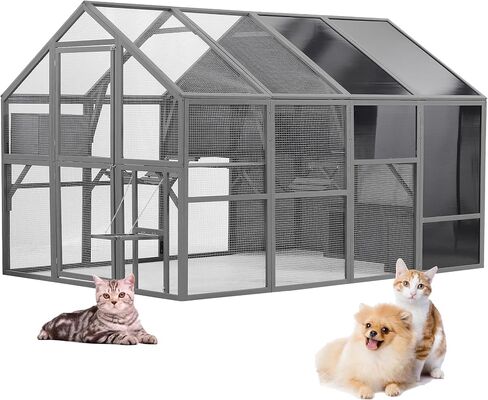 110" Large Catio Outdoor Cat Enclosure Walk in Cat Cage Cat Playpen Patio with Weatherproof Roof, Multiple Platforms, 2 Bouncy Bridges and 2 Resting Houses Grey with Cover in Saudi Arabia