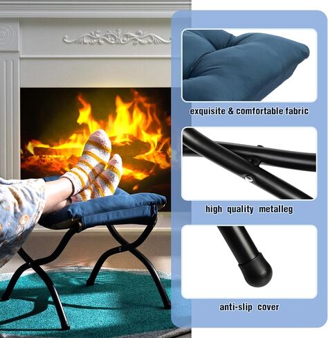 AbocoFur 15"(H) Folding Footrest Stool, Accent Padded Sofa Foot Stool for Lazy Chair, Upholstered Small Foldable Ottoman, Metal Frame Portable Foot Rest Ottoman for Living Room, Bedroom, Lake Blue in Saudi Arabia