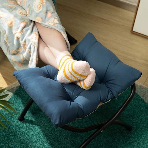 AbocoFur 15"(H) Folding Footrest Stool, Accent Padded Sofa Foot Stool for Lazy Chair, Upholstered Small Foldable Ottoman, Metal Frame Portable Foot Rest Ottoman for Living Room, Bedroom, Lake Blue in Saudi Arabia