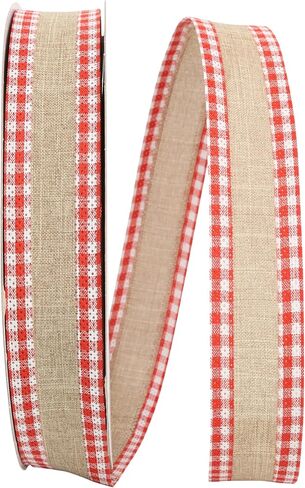 Reliant Ribbon Linen Gingham Check Value Mired Edge Ribbon ، 1-1/2 Inv × 50 ياردة ، طبيعي/أحمر in Saudi Arabia