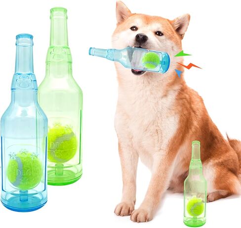 Aerbee 2Pcs Crunchnplay Bottle Toy for Dogs, Interesting Squeaky Dog Toys, 7.7" Rubber Water Bottle Toys with Tennis Ball, Pet Chew Toy, Outdoor Interactive Dog Toys Dogs Dental (Blue & Green) in Saudi Arabia