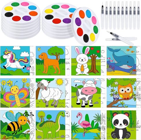 Lincia 36 Pcs Printed Canvas and Paint Art Set 12 Watercolor Paint Sets 12 Pre Drawn Outline Canvas 4 x 4 Inch with 12 Paint Brushes Washable Watercolor Paint for Kids Christmas Gift (Unicorn) in Kuwait
