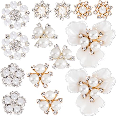 14 PCS Pearl Flower Buttons Vintage Crystal Rhinestone Brooches Wedding Jewelry Embellishments for Women Girls DIY Clothes Shoes Bags Bouquet Craft Decoration in Saudi Arabia