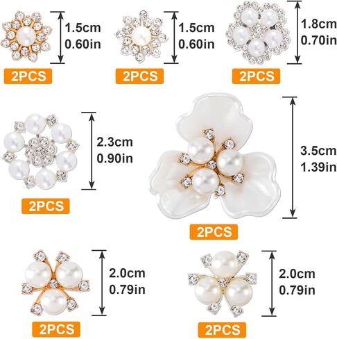 14 PCS Pearl Flower Buttons Vintage Crystal Rhinestone Brooches Wedding Jewelry Embellishments for Women Girls DIY Clothes Shoes Bags Bouquet Craft Decoration in Saudi Arabia