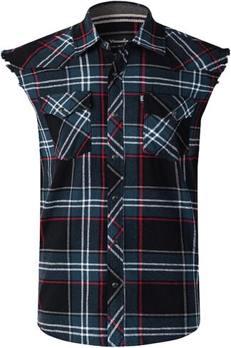 Mens Casual Flannel Plaid snap Shirt Sleeveless with Pocket in Saudi Arabia