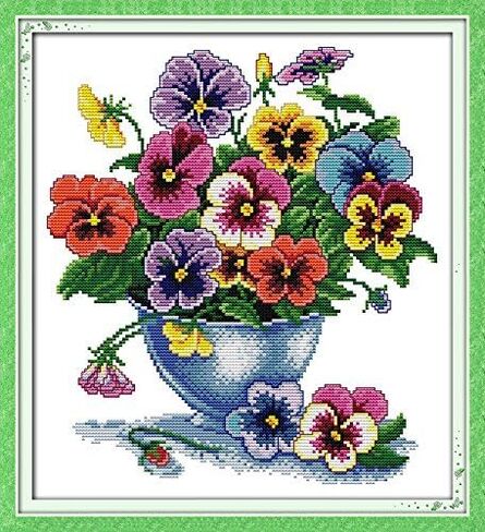 Happy Forever Cross Stitch Kits 11CT Stamped Patterns for Kids and Adults, Preprinted Embroidery kit for Beginner, Flower Vase (H340 six Color Flower, Size 14''x15'') in Kuwait