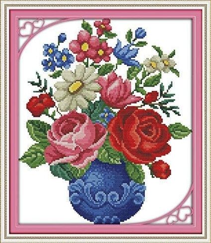 Happy Forever Cross Stitch Kits 11CT Stamped Patterns for Kids and Adults, Preprinted Embroidery kit for Beginner, Flower Vase (H340 six Color Flower, Size 14''x15'') in Kuwait