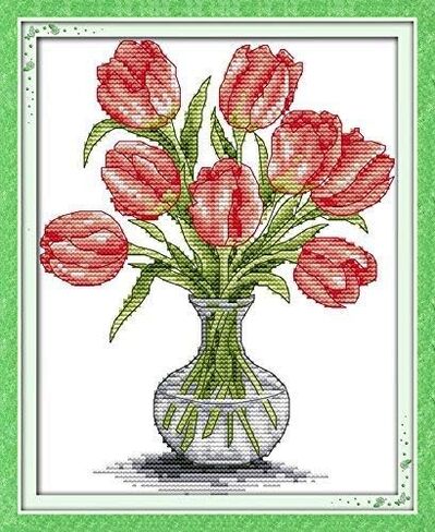 Happy Forever Cross Stitch Kits 11CT Stamped Patterns for Kids and Adults, Preprinted Embroidery kit for Beginner, Flower Vase (H340 six Color Flower, Size 14''x15'') in Kuwait