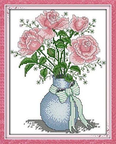 Happy Forever Cross Stitch Kits 11CT Stamped Patterns for Kids and Adults, Preprinted Embroidery kit for Beginner, Flower Vase (H340 six Color Flower, Size 14''x15'') in Kuwait