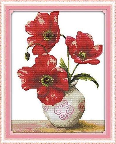 Happy Forever Cross Stitch Kits 11CT Stamped Patterns for Kids and Adults, Preprinted Embroidery kit for Beginner, Flower Vase (H340 six Color Flower, Size 14''x15'') in Kuwait