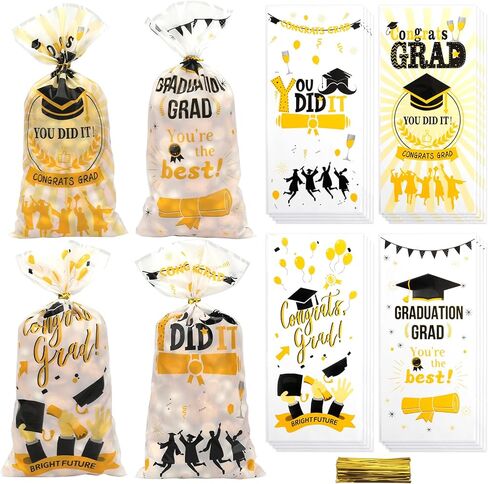 60 PCS التخرج أكياس مع روابط لمكسرات الوجبات الخفيفة الحلوى Goodie Gifts لفّ حقائب التخرج من البلاستيك الصغيرة تهنئة زخارف الحفلات الدراسية من 2025 Favors Supplies (4.9x10.6) in Kuwait
