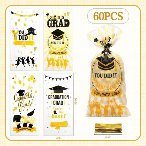 60 PCS التخرج أكياس مع روابط لمكسرات الوجبات الخفيفة الحلوى Goodie Gifts لفّ حقائب التخرج من البلاستيك الصغيرة تهنئة زخارف الحفلات الدراسية من 2025 Favors Supplies (4.9x10.6) in Kuwait
